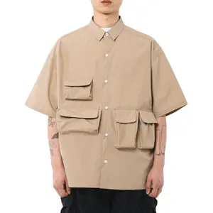 Wholesale Custom Low MOQ Short Sleeve Button Up Front Four Cargo Pockets Plain Cotton Blend Shirts