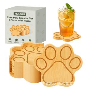 Mulbom Bamboo Paw <b>Coaster</b> Set 6 Pieces With Holder Non Slip Heat Insulating Home <b>Drink</b> <b>Coaster</b> - Product Image 1