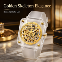 Montre-bracelet automatique carrée personnalisée, étanche, mouvement squelette tourbillon, montre mécanique en saphir pour homme