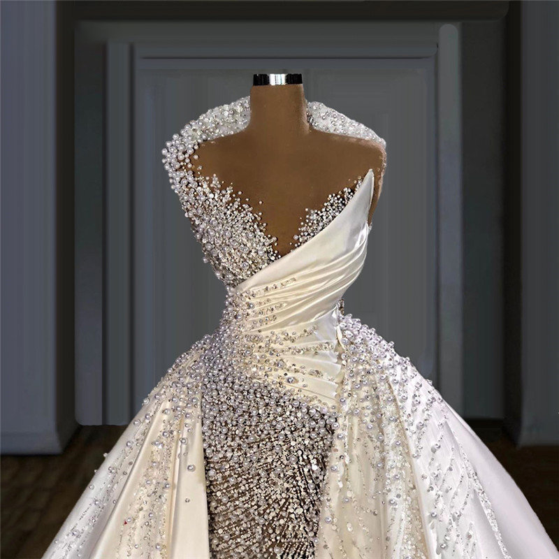 Pearl Dress Dubai Wedding Dresses Full Beading Crystals Mermaid Bridal Gowns Princesse Long Train Bride Dresses LSDZ95