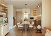 Petite table de salle à manger en bois moderne avec îlot central, finition stratifiée et verre, armoires de cuisine personnalisées pour appartements individuels locatifs