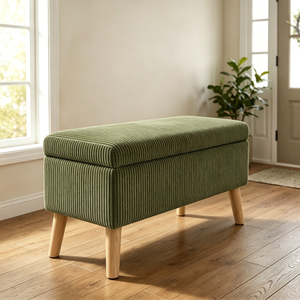 Panca contenitore in velluto a coste verde oliva, larga 32 pollici, con gambe in legno, coperchio ribaltabile e imbottitura morbida, per fondo letto - Product Image 1