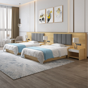 Ensemble complet de meubles de chambre d'hôtel personnalisé Queen King Double Twin Cadre de lit en bois bon marché avec tête de lit Armoire et sables de nuit - Product Image 4