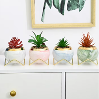Pots de fleurs ronds en céramique miniature personnalisés, motif imitation marbre, pour plantes succulentes de jardin, avec support en métal