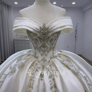 Lsjj164 Elegant Ivory Off Shoulder Rhinestone Beaded <b>Corset</b> Satin Lace Applique Ball Gown Wedding Dress Train Jancember - Product Image 3