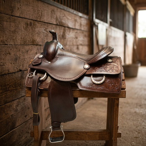 Selle de cheval en cuir repoussé style western 2026 - Selle de cowboy à motifs floraux avec étriers - Product Image 3