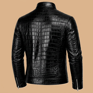 Veste en cuir véritable pour homme, motif crocodile, col montant, fermeture éclair, coupe classique, poches poitrine zippées, vêtement d'extérieur hiver - Product Image 1