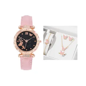 2024 Butterfly Necklace Earring Ring Bracelet Watch Gift Set Fashion Butterfly Buckle Leather Watch Strap Watches Jewelry