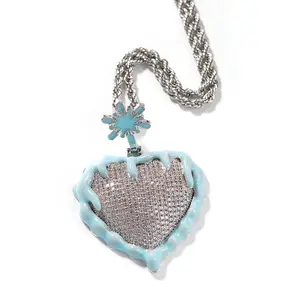 Hip Hop Love Sweater Necklace Drip Oil Luminous Ice and Fire Heart Shaped Fashion Diamond Zircon Cute Pendant Necklace