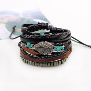 Handmade Multi Strand <b>Beaded</b> Bracelet <b>Set</b> Alloy Leaf Design Tibetan Silver Jewelry Gift Three Piece <b>Set</b> - Product Image 2