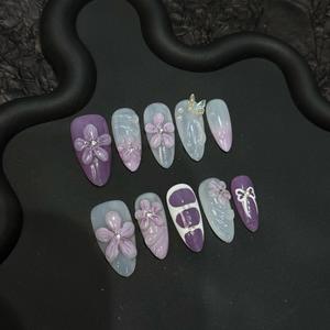 Nuevo Producto Lanzado, Uñas Postizas Hechas a Mano con Diseño de Flor de Vid Púrpura, Cristal de Hielo y Mariposa, Efecto <span class=keywords><strong>Ilusión</strong></span> Púrpura - Product Image 1