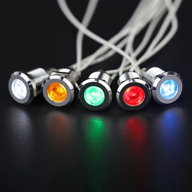 Hot Selling 12mm Flat Head Illumination LED Light Waterproof IP65 Wire Lead 150mm Long Mini Color 12 Volt Metal Indicator Light
