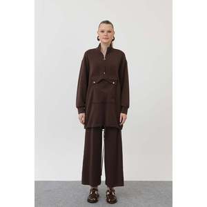 Puane Women's Brown Pocket Detail Zippered Two-Piece Outfit <b>Set</b> - Modern Casual Style with Functional Design 14299TKS - Product Image 3
