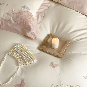 Parure de lit quatre pièces personnalisable en molleton 100 % coton, 100 fils, broderie papillon, style luxe léger pour <span class=keywords><strong>fille</strong></span> - Product Image 4