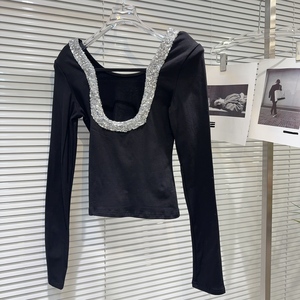 AELESEEN 2025 primavera nueva <span class=keywords><strong>camiseta</strong></span> de <span class=keywords><strong>manga</strong></span> <span class=keywords><strong>larga</strong></span> con lentejuelas plateadas para mujer lado sin espalda diseño hombrera Base <span class=keywords><strong>camiseta</strong></span> - Product Image 2