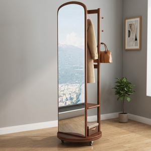 Perchero Moderno de Madera Maciza con Espejo Giratorio, 4 Ganchos y 2 Estantes, Mueble de Almacenamiento Independiente para Entrada - Product Image 4