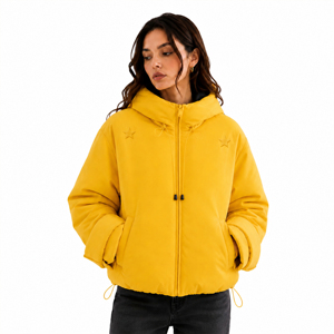 Blouson mat jaune matelassé à capuche pour femme avec motif gaufré, manteau court d'hiver isolé, vêtement d'extérieur à cordon de serrage réglable - Product Image 1
