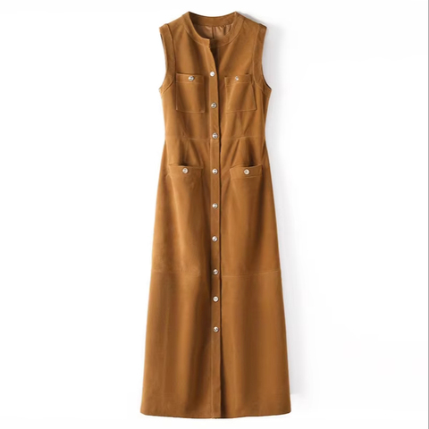4152 Spring New Fashionable Dress French Single-breasted Slim Sleeveless Suede Leather Sheepskin Elegant Dress