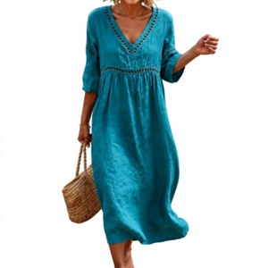 Robe mi-longue en lin bleu sarcelle faite à la main, col en V, taille empire, manches trois quarts, style tunique simple, respirante, pour femme, idéale pour l'été - Product Image 2