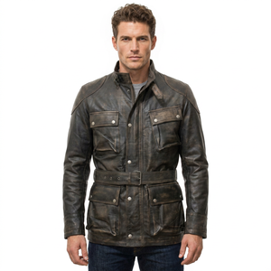 Veste en cuir vintage de haute qualité pour hommes Style motard classique Finition dégradée Doublure en popeline Poches en cuir garnies Hiver - Product Image 1