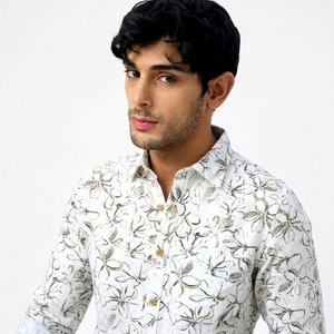 Chemise décontractée pour homme Enovate à manches longues, imprimé floral, col rabattu, manches longues, respirante, en lin tissé pour l'été - Product Image 1