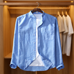 Camicie da <span class=keywords><strong>Uomo</strong></span> Personalizzate all'Ingrosso in <span class=keywords><strong>Misto</strong></span> <span class=keywords><strong>Lino</strong></span> e Cotone con Colletto alla Coreana e Manica Lunga, con Tasca Singola sul Petto, OEM ODM - Product Image 2