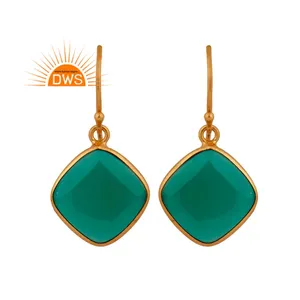 Green Onyx Gemstone Earrings Indian Style Gold Plated 925 Silver Bezel Set Dangle Hook Earrings Jewelry Manufacturer
