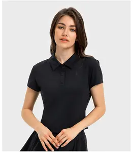 短袖高尔夫马球衫透气夏季t恤女性运动上衣弹力运动服女士舒适合身黑色