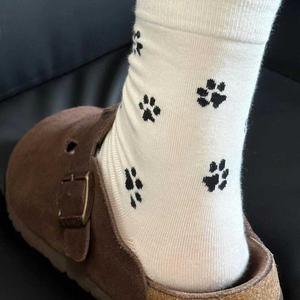 Crew <b>Socks</b> With <b>Cat</b> Paw Pattern White Breathable Women's Casual <b>Socks</b> Youth Size Regular - Product Image 1