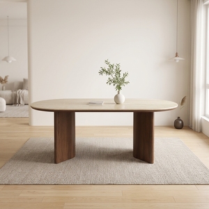 Table de salle à manger haut de gamme en bois massif français, table de salle à manger minimaliste pour la maison, table de salle à manger en pierre à trou ovale de style antique - Product Image 1