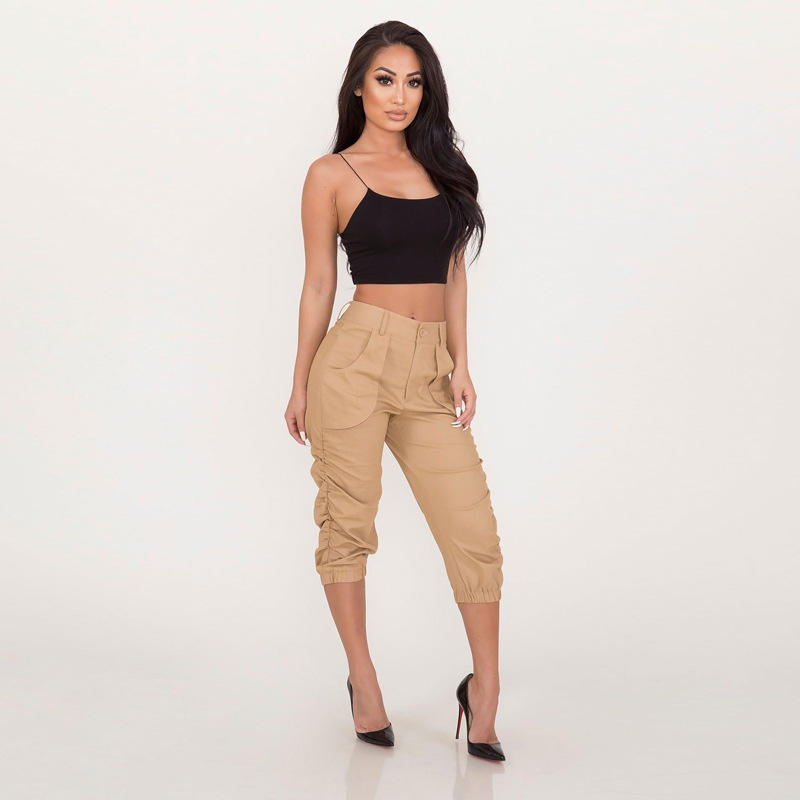 Khaki Capri Trousers Cropped Tapered Pants