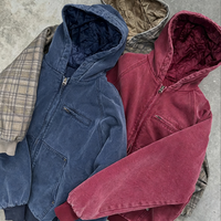 Veste de travail à capuche personnalisée de haute qualité pour l'hiver, en toile de coton épaisse, à carreaux, vintage, délavée à l'acide, avec fermeture éclair