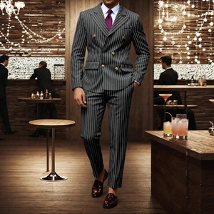 Ensemble de Costume Formel <span class=keywords><strong>Homme</strong></span> 2026 à Col Cranté Perlé et Boutonnage Simple, Blazer Rayé et Pantalon Habillé 100% Polyester - Product Image 3