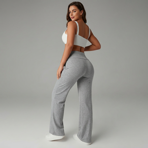 Pantalon large taille haute gris uni en maille extensible mélange polyester respirant à enfiler coupe ample longueur totale pour femme - Product Image 2