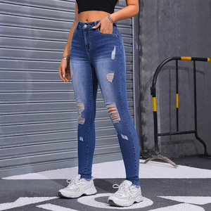 Women's Ripped Skinny <b>Jeans</b> High <b>Elasticity</b> Medium Blue Street Fashion Europe America Cross Border Sale - Product Image 3