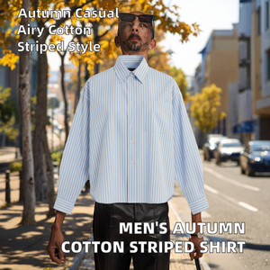 <b>Men's</b> Autumn Casual Striped Knitted <b>Long</b>-<b>Sleeve</b> 100% Cotton <b>Shirt</b> Turn-down Collar Boxy Fit Breathable Single Button Customized - Product Image 2