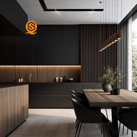 Cuisine modulaire Shinestone noire et grise élégante avec îlot à double évier et éclairage LED sous-meuble pour maisons personnalisées