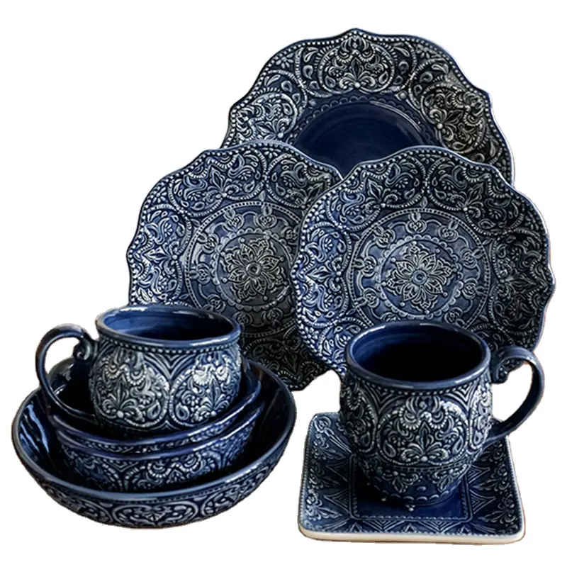 Conjunto louça cerâmica estilo barroco vintage placa porcelana e copo tigela conjunto talheres
