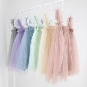 Gaun TUTU butik balita gaun tanpa lengan anak perempuan 1-6 Tahun warna pelangi Solid gaun Tulle kasual musim panas rok anak-anak