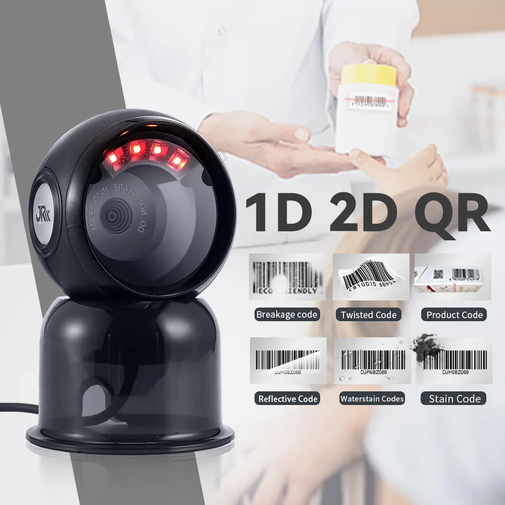 JR T62 QR 2D Wired USB Desktop Barcode Scanner Auto Induction Screen Scanning for POS Cash Register Easy Installation