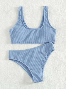 Liso acanalado espalda correas cruzadas descarado trasero Pretty Girls trajes de baño 2 piezas Bikini traje de baño ropa de playa traje de baño de cintura alta - Product Image 6