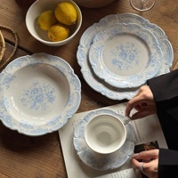 Assiette à dessert, assiette à salade, tasse à café en céramique bleu clair, style rétro français vintage