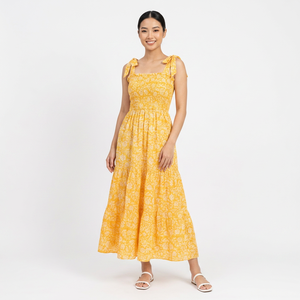 Vestido Midi de Algodón Estampado Floral Bohemio Ecológico Hecho a Mano para Mujer, Cuello Cuadrado, Cintura Natural, Formal, para Boda, Fiesta, Casual - Product Image 1