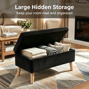 Olive Black Corduroy Storage Ottoman Bench 32 Inch Wide Wooden <b>Legs</b> Flip Top Soft Upholstered End Of Bed - Product Image 2