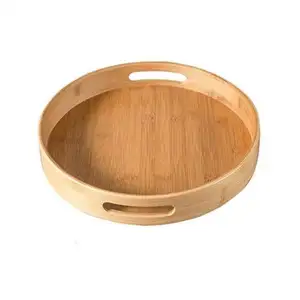 Bamboo Wooden Serving Tray, Round Wood Tray with Handles, Natural Decorative Tray