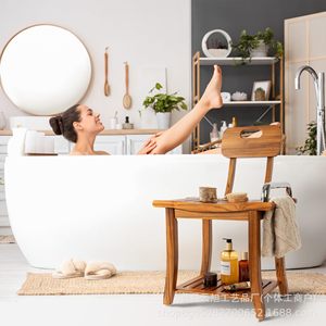 Tabouret de salle de bain en bois Yunxu avec dossier et double rangement pour personnes âgées et femmes enceintes, chaise de douche - Product Image 2