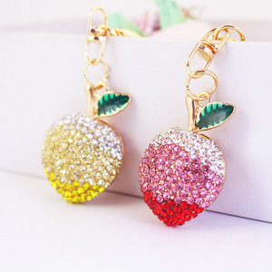 Full Rhinestone Honey Peach Key Chains Women Handbag Pendant Keyring Solid Color Crystal Key Chain Couple Peach Key Rings