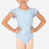 Justaucorps de danse bleu clair à haute élasticité pour filles, col en V, manches à volants, costumes respirants pour ballet et pom-pom girl