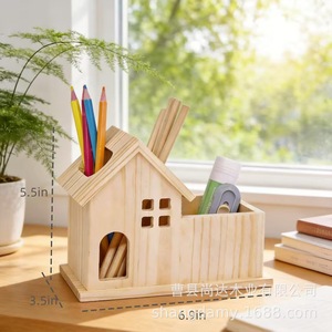 Wooden house-shaped <b>pen</b> holder, desktop stationery storage <b>box</b>, multi-purpose storage <b>box</b>, home desktop decoration. - Product Image 4