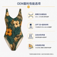 Traje de Baño de Una Pieza con Estampado Floral Tropical Verde, Marca Privada, Sin Aros, con Relleno Extraíble, Espalda Descubierta, Corte Alto, Venta al Por Mayor, MOQ Bajo, Directo de Fábrica